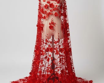3D Embroidered Red Orquidia Floral Mesh Lace Fabric with Pearls