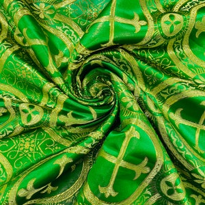 Green/Gold Metallic Cross Brocade Jacquard Satin/Religious Brocade/58 Inches Wide/Liturgical Fabric/Church/Vestment