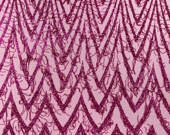 Fuchsia Geometric Fringe Beaded Design With Sequins On A Mesh Fabric/Prom.
