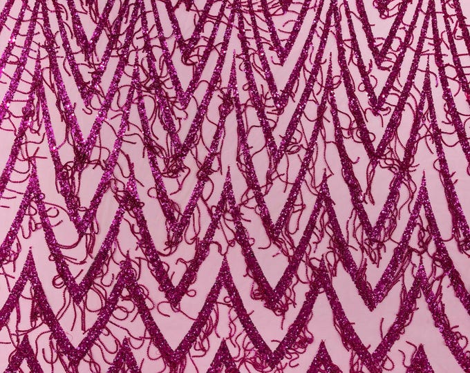 Fuchsia Geometric Fringe Beaded Design With Sequins On A Mesh Fabric/Prom.