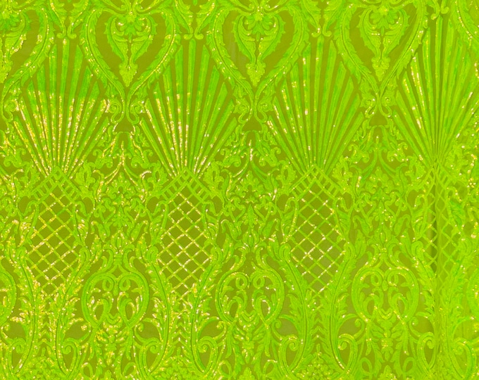 Neon green iridescent sequin shell damask design on a 4 way stretch mesh fabric -prom-sold by the yard.