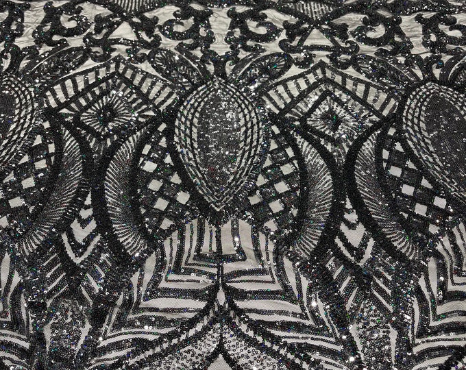 Black  iridescent royalty sequin design on a black 4 way stretch mesh-prom-sold by the yard.