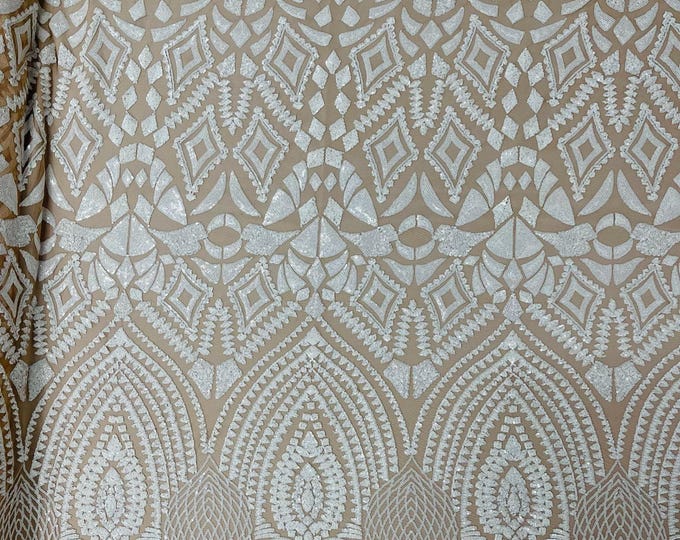 White / Nude - Diamond Geometric Sequin On A Stretch Mesh Fabric ( By The Yard)
