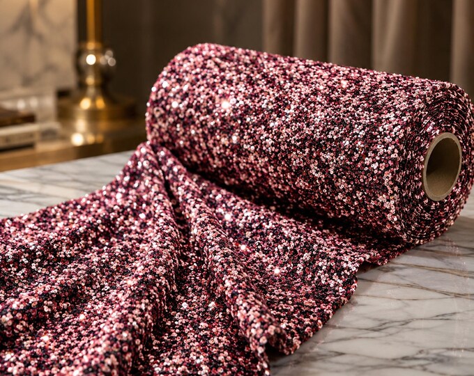 Dusty Rose 5mm Shiny Sequin Stretch Velvet Fabric 54" Wide, Rose Sequin Velvet By The Yard, Prom Fabric