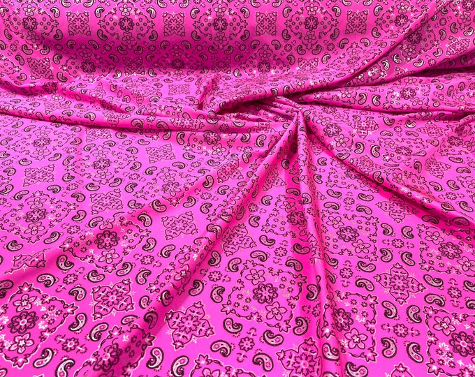 Neon Pink metallic bandanna print on a stretch tricot spandex fabric- Sold by the yard.