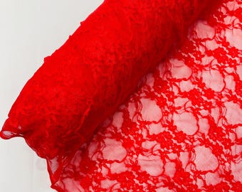 Tecido de renda elástica, estampa floral coral vintage, com trama em 4 direções, 147 cm de largura (vendido por metro).