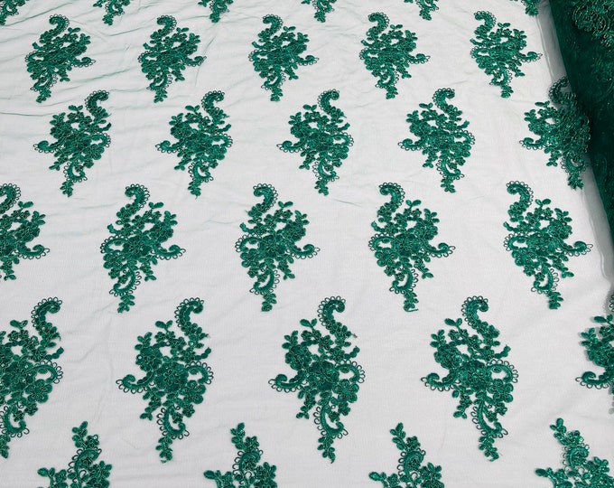 Hunter green metallic floral design embroidery on a mesh lace with sequins and cord-sold by the yard.