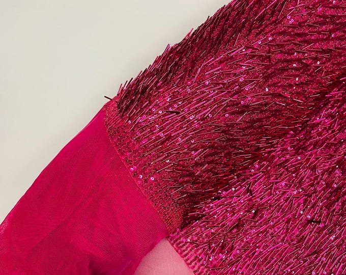 Fuchsia-Vegas Beaded Sequin Stretch Mesh Fabric, Embroidered Design for Prom Gown, by The Yard