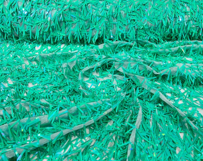 Mint green iridescent sequin Swords Design on a white mesh, Burning Man Costume Craft Fabric By The Yard.