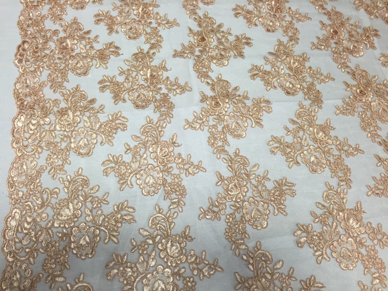 Champagne modern roses embroider on a mesh lace yard
