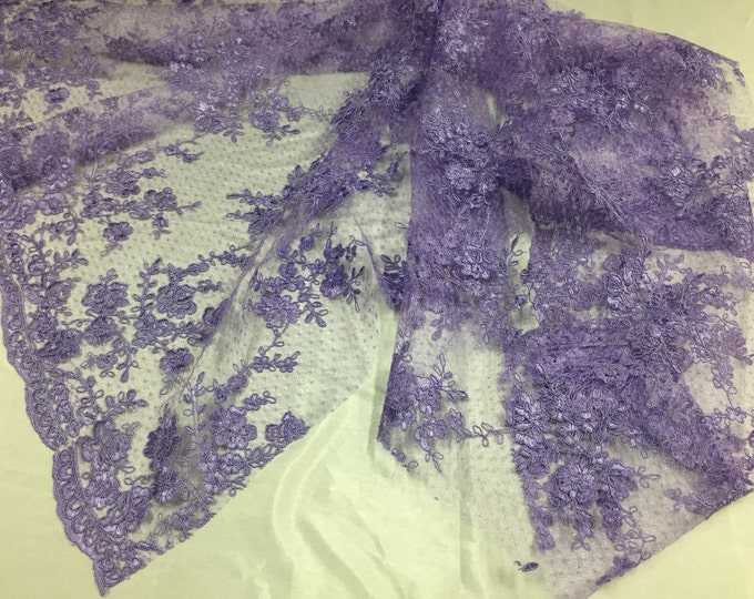 Sensational lavender flowers Embroider And Corded On a Polkadot Mesh Lace-prom-nightgown-decorations-dresses-sold by the yard.