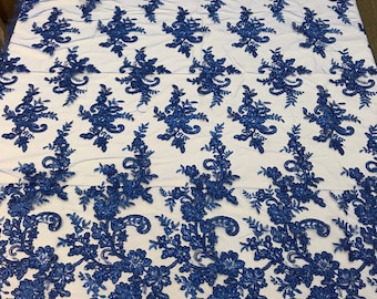 Royal blue floral design embroidery on a mesh lace with sequins and cord-dresses-fashion-prom-nightgown-sold by the yard-free shipping USA-