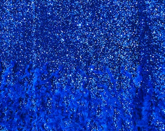Royal Blue 5mm sequins on a stretch velvet with feathers  2-way stretch, sold by the yard