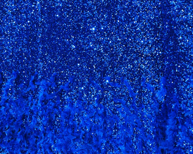 Royal Blue 5mm sequins on a stretch velvet with feathers  2-way stretch, sold by the yard