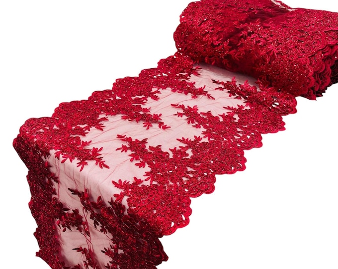 BURGUDY 14"Wide X 90"Long  Sequins Red Metallic Embroidered Lace on Mesh Fabric, Trim Lace, Table Runner.