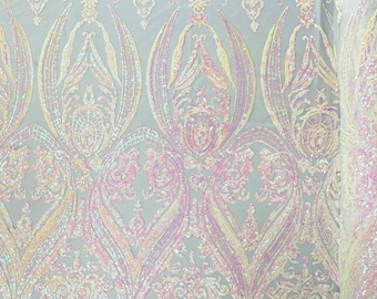 White pink iridescent empire damask design with sequins embroider on a white 4 way stretch mesh fabric-sold by the yard.