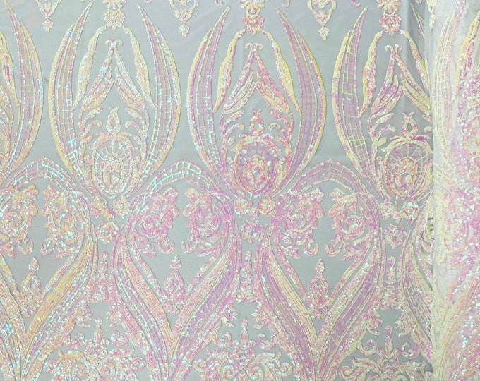 White pink iridescent empire damask design with sequins embroider on a white 4 way stretch mesh fabric-sold by the yard.