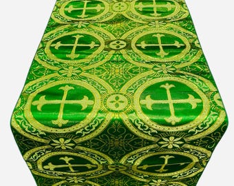 Green / Gold - Religious Brocade Runner Tablecloth | Liturgical Fabric | Runner Ecclesiastical Jacquard | Church | Vestment - Cross Brocade.