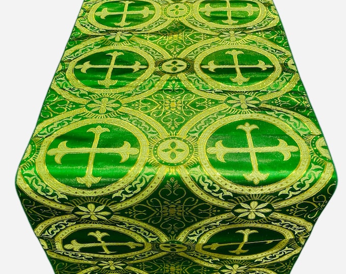 Green / Gold - Religious Brocade Runner Tablecloth | Liturgical Fabric | Runner Ecclesiastical Jacquard | Church | Vestment - Cross Brocade.