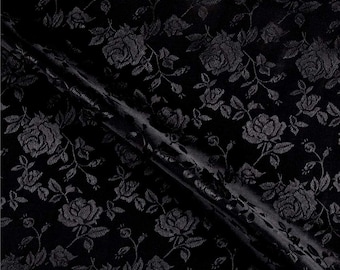 Black 60" Wide Polyester Flower Brocade Jacquard Satin Fabric, Sold By The Yard.