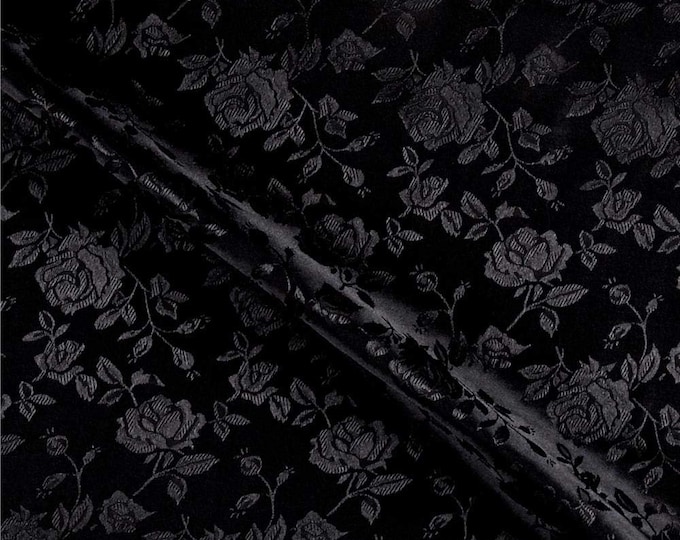 Black 60" Wide Polyester Flower Brocade Jacquard Satin Fabric, Sold By The Yard.