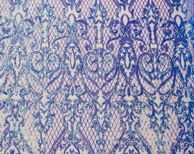 Lavender Iridescent Heart Damask sequin design on a 4 way stretch mesh fabric-prom-sold by the yard.