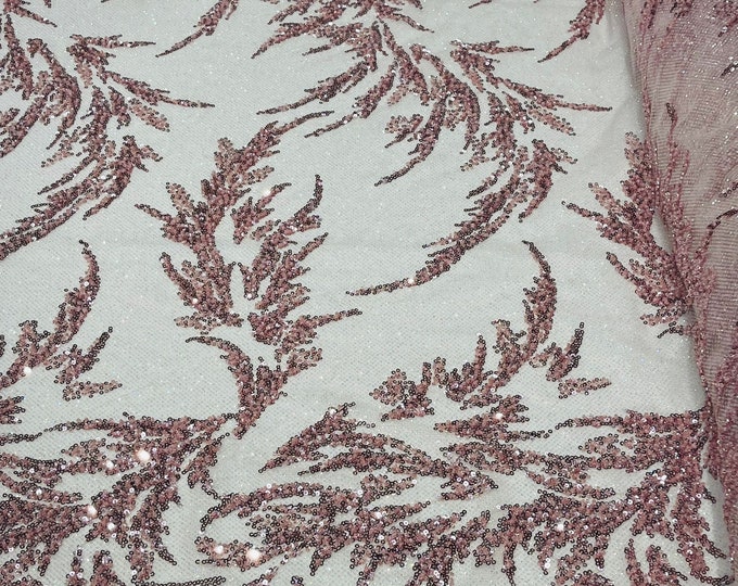 Dusty Pink elegant hand beaded design embroider on a glitter mesh lace-prom-sold by the yard.