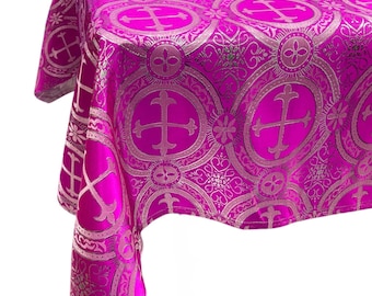 Fuchsia/Silver Cross Brocade Tablecloth – Religious Jacquard Satin Overlay