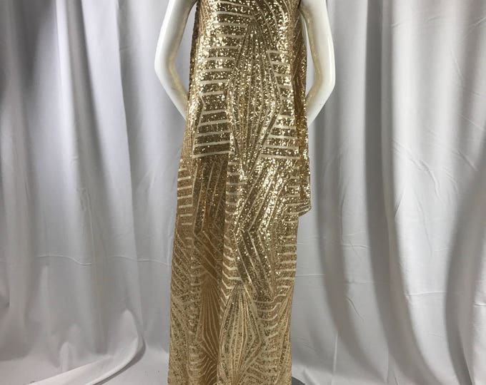 Shiny gold sequins-geometric design embroider on a ivory mesh-apparel-fashion-decorations-nightgown-sold by the yard.