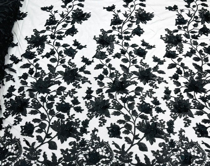 Black Emily 3d floral design embroider with pearls in a mesh lace-sold by the yard.