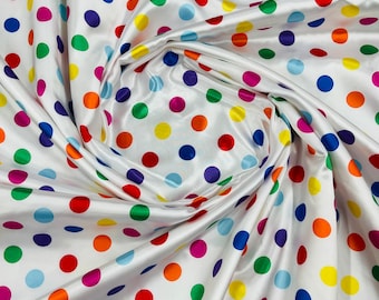 Multi color 1/2 inch Multi Color Polka Dot On A White Soft Charmeuse Satin Fabric Sold By The Yard-60" Wide 100% Polyester.