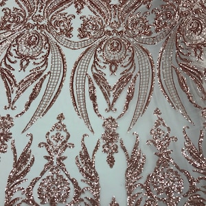 Blush peach empire design with sequins embroider on a 2 way stretch mesh fabric-prom-nightgown-decorations-sold by the yard.