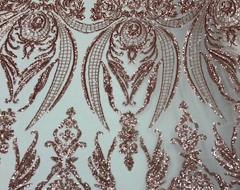 Blush peach empire design with sequins embroider on a 2 way stretch mesh fabric-prom-nightgown-decorations-sold by the yard.