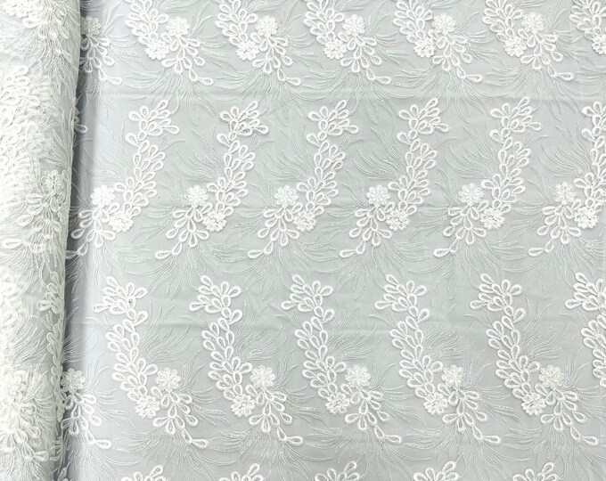 White feather design lace with metallic cord and embroider with sequins on a mesh-Sold by the yard.