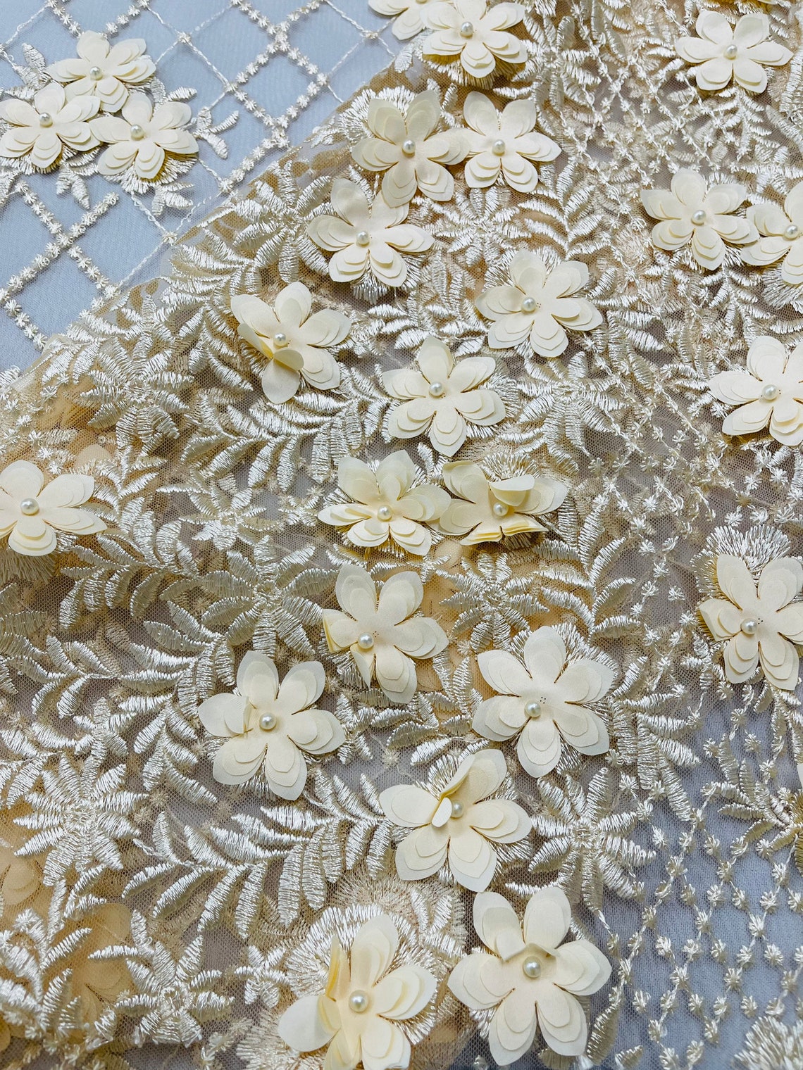 3D Floral Design Embroider with Pearls in a Mesh Lace-Sold by The Yard Ivory