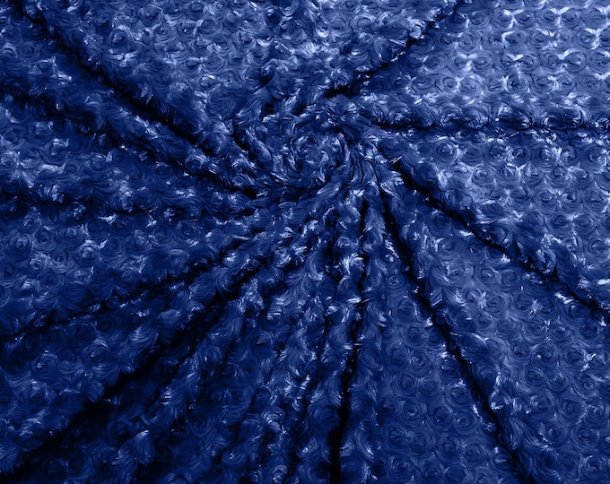 Dark Royal Blue 58" Wide Minky Swirl Rose Blossom Ball Rosebud Plush Fur Fabric Polyester