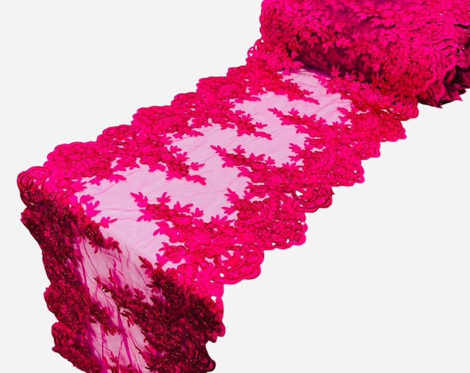 FUCHSIA 14"Wide  Sequins Gold Metallic Embroidered Lace on Mesh Fabric, Trim Lace, Table Runner. Sold By The Yard.