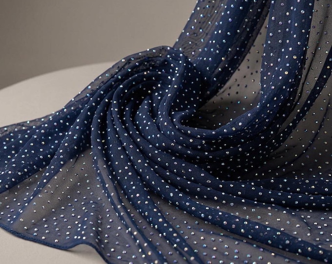 Navy Blue AB Rhinestone Mesh Fabric 60” Wide | Sheer Stretch Power Mesh by Yard | Sparkle Crystal Fabric for Dress Dancewear