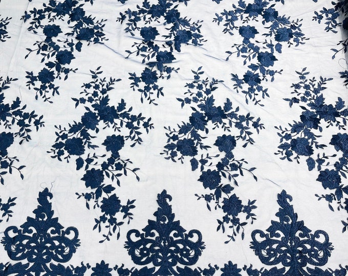 Navy Blue flowers flat lace embroider on a 2 way stretch mesh sold by the yard.