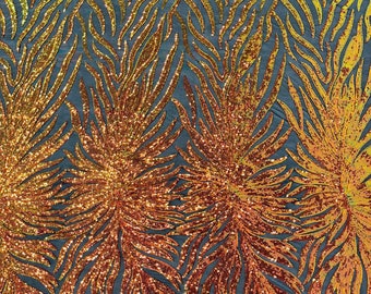 Orange iridescent phoenix feather design with sequins embroider on a Black 4 way stretch mesh fabric-sold by the yard.