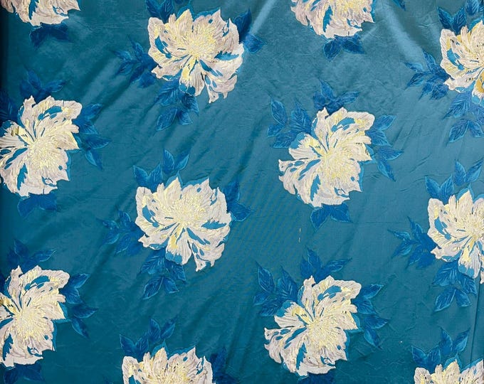 Teal Blue - Multi Floral Jacquard Satin, Sold by The Yard.