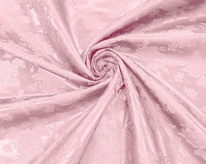 Pink 60" Wide Polyester Big Roses/Flowers Brocade Jacquard Satin Fabric/Cosplay Costumes, Skirts, Table Linen/Sold By The Yard.