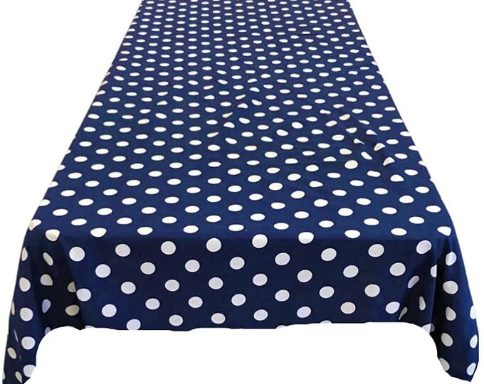 New Creations Fabric & Foam Inc, Polka Dot Poly Cotton Tablecloth ( White Dot on Navy. Choose Size Below