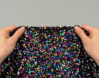 Multi Color Black Stretch Velvet with Shiny 5mm Sequins, 54" Wide Fabric Sold by the Yard