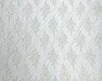 White - Erin Diamond Beaded Metallic Floral Embroider On a Mesh Lace Fabric-Sold By The Yard-