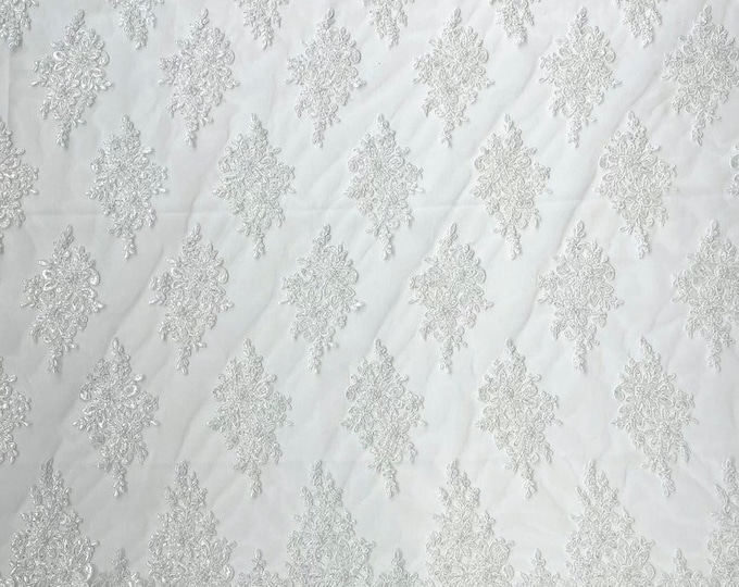 White - Erin Diamond Beaded Metallic Floral Embroider On a Mesh Lace Fabric-Sold By The Yard-