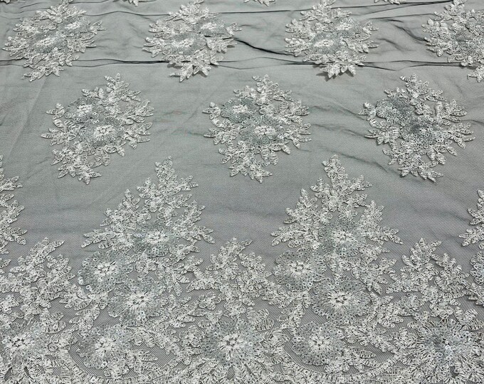Silver/Black Floral corded embroider with glitter sequins on a mesh lace fabric-sold by the yard.