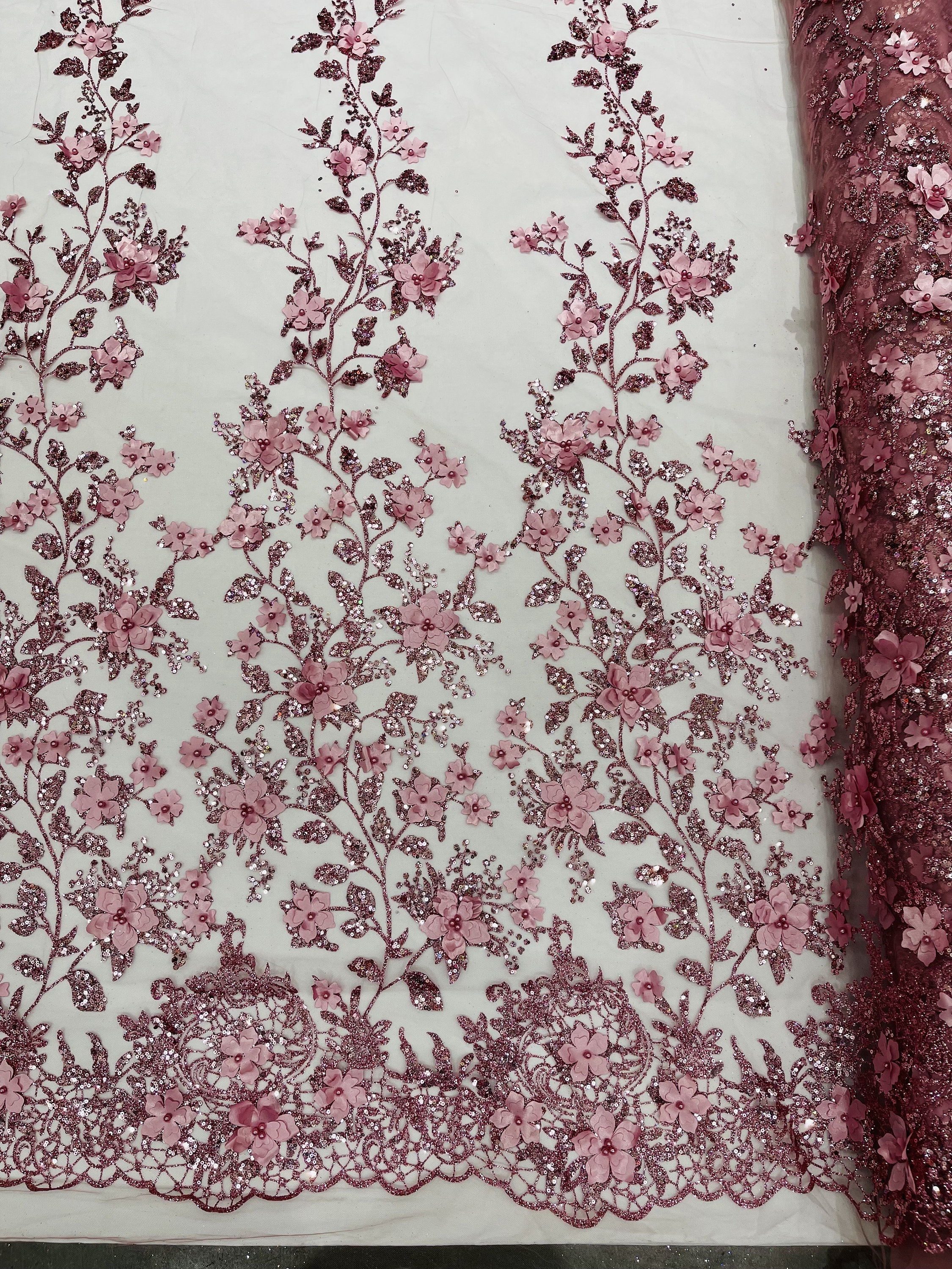 Dusty Rose 3D Princess Satin Flower Glitter Sequin Lace Fabric 54" Wide ...