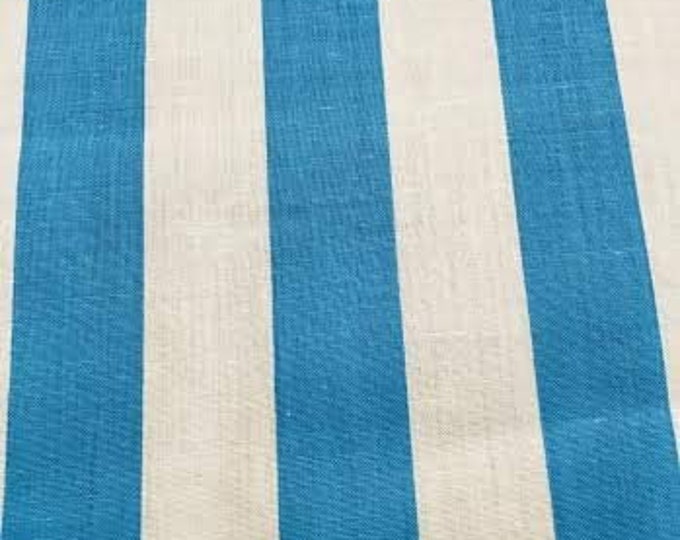 Turquoise On White 60" Wide by 1" Stripe Poly Cotton Fabric Sold By The Yard.