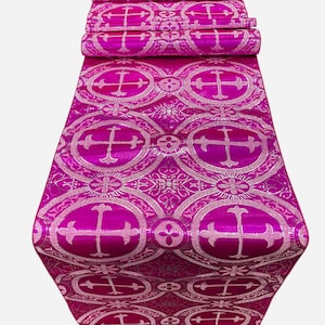 Fuchsia / Silver - Religious Brocade Runner Tablecloth | Liturgical Fabric | Runner Ecclesiastical Jacquard|Church|Vestment - Cross Brocade.